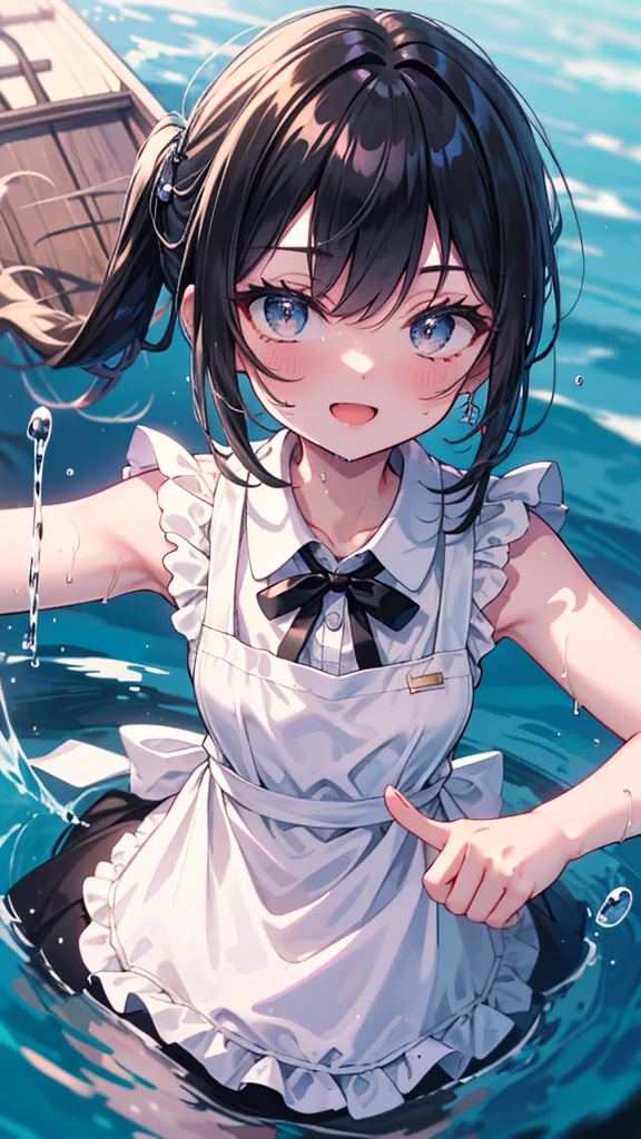 (8k, Highest quality, masterpiece: 1.2),Ultra-high resolution, 1 person, solo,Highly detailed face, Apron dress, Black Dress, White apron, black and white maid outfit, Random Hairstyles, Gay Hair, Canoeing, lake、sunlight, clavicle, Ecstatic expression, splash, Overall image, Flooding, Wet