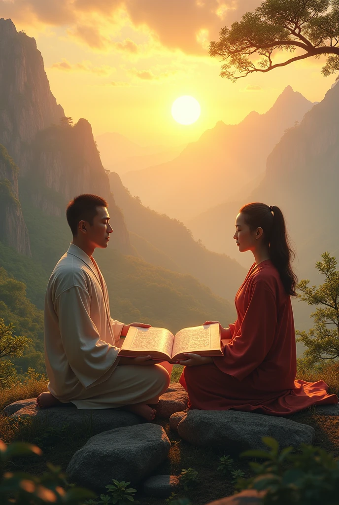 2 asian person meditating on top of a mountain, with the rising sun bathing the landscape in golden light. A book of Buddhist scriptures lies open in his hands, capturing the serenity of the moment.