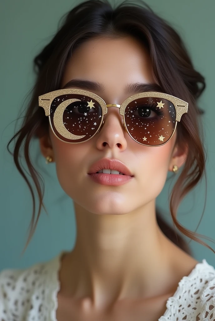 The model is wearing glass sunglasses with stars and the moon on the glass