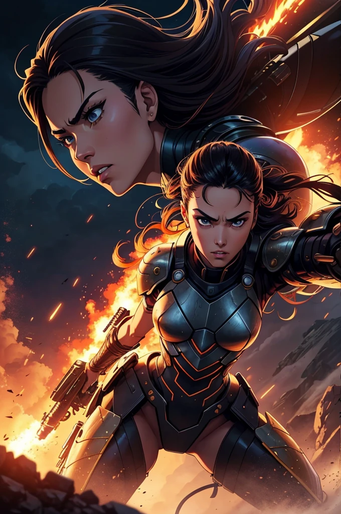 a battle between two girls in the olympus of the work "shuumatsu no Valkyrie", one with mechanical arms (only arms) and the other with a laminated flamethrower, for a book cover, highly detailed, intricate, epic, dramatic, intense action, cinematic lighting, grandiose, dramatic, exquisite, masterpiece, 8k, best quality, photorealistic, hyper detailed, vivid colors, dynamic pose, dramatic lighting, cinematic composition, digital painting