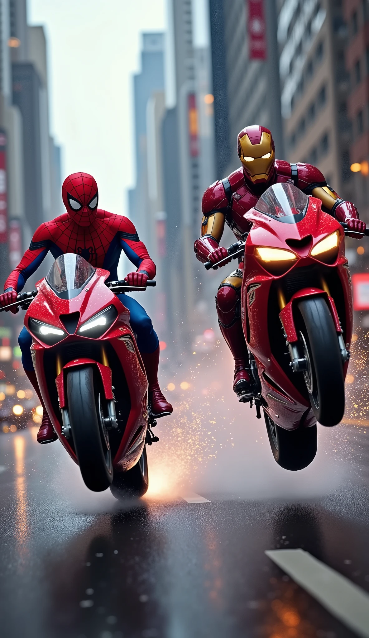 Spiderman vs Ironman popping wheelies on sport bikes side by side