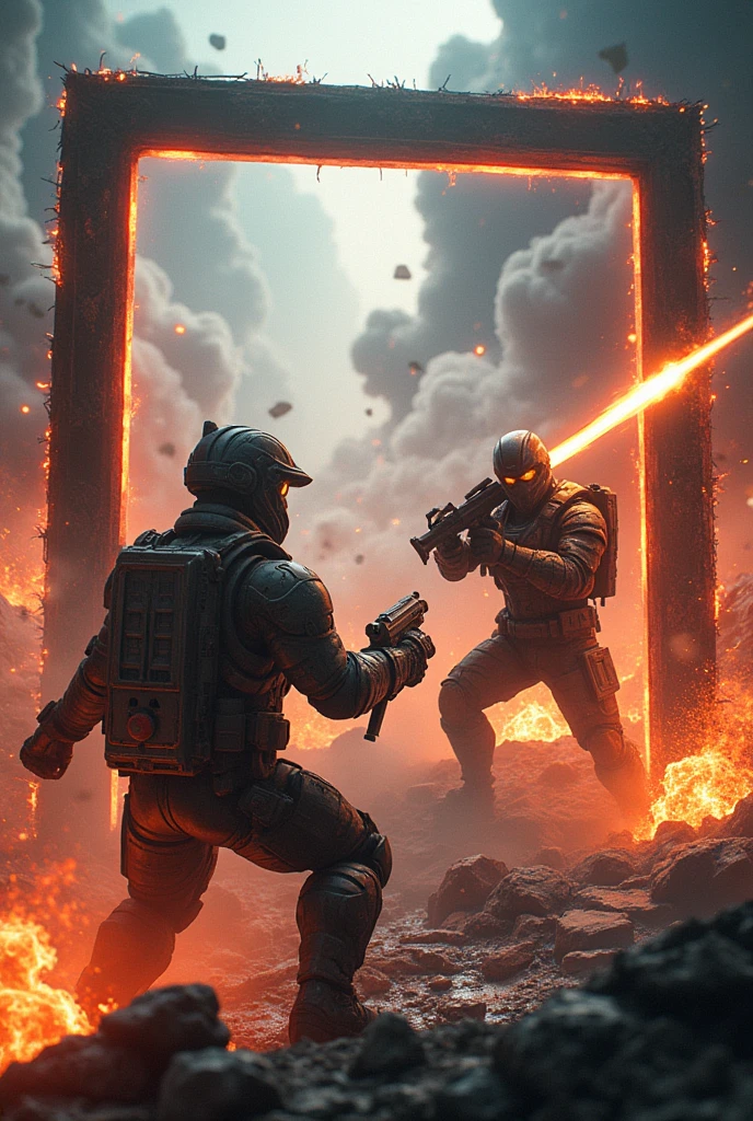 Create a game-themed photo frame, include elements such as weapons, and explosions with png background