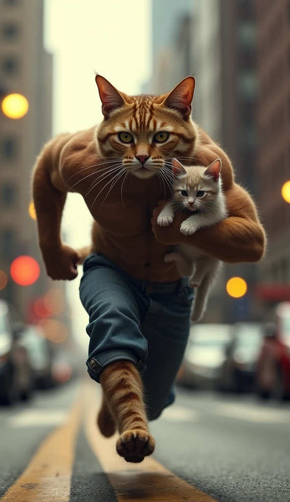 Create a photorealistic image of a six pack father cat wearing jeans outfit is sprinting down a busy street with worrying and sad expressions , holding the small kitten in his arms with worrying expression. Surrounding him are tall city buildings, streetlights, The father’s face is filled with determination and worry.