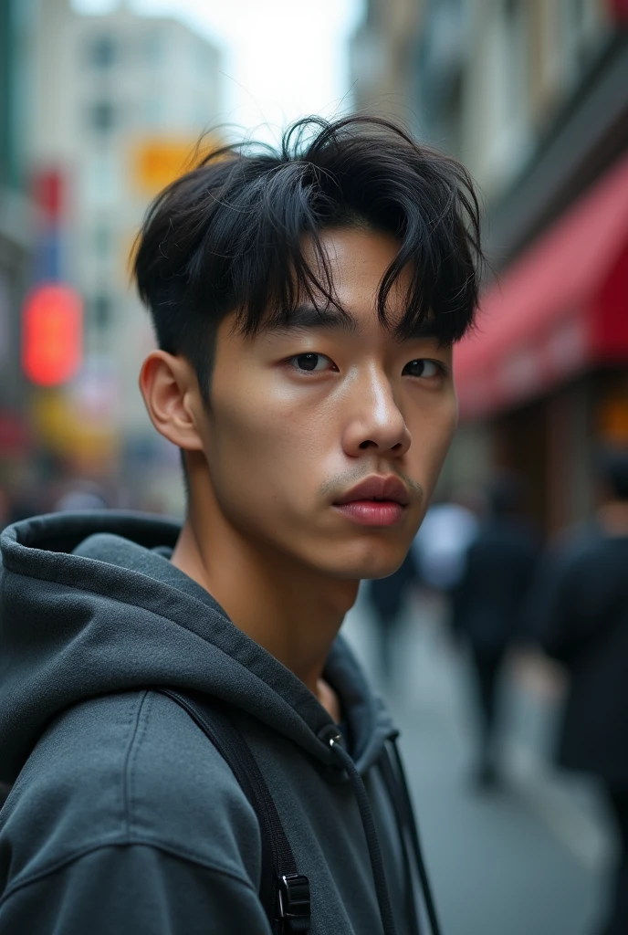 Close-up photo of a 20-year-old Korean man wearing a hoodie on the street