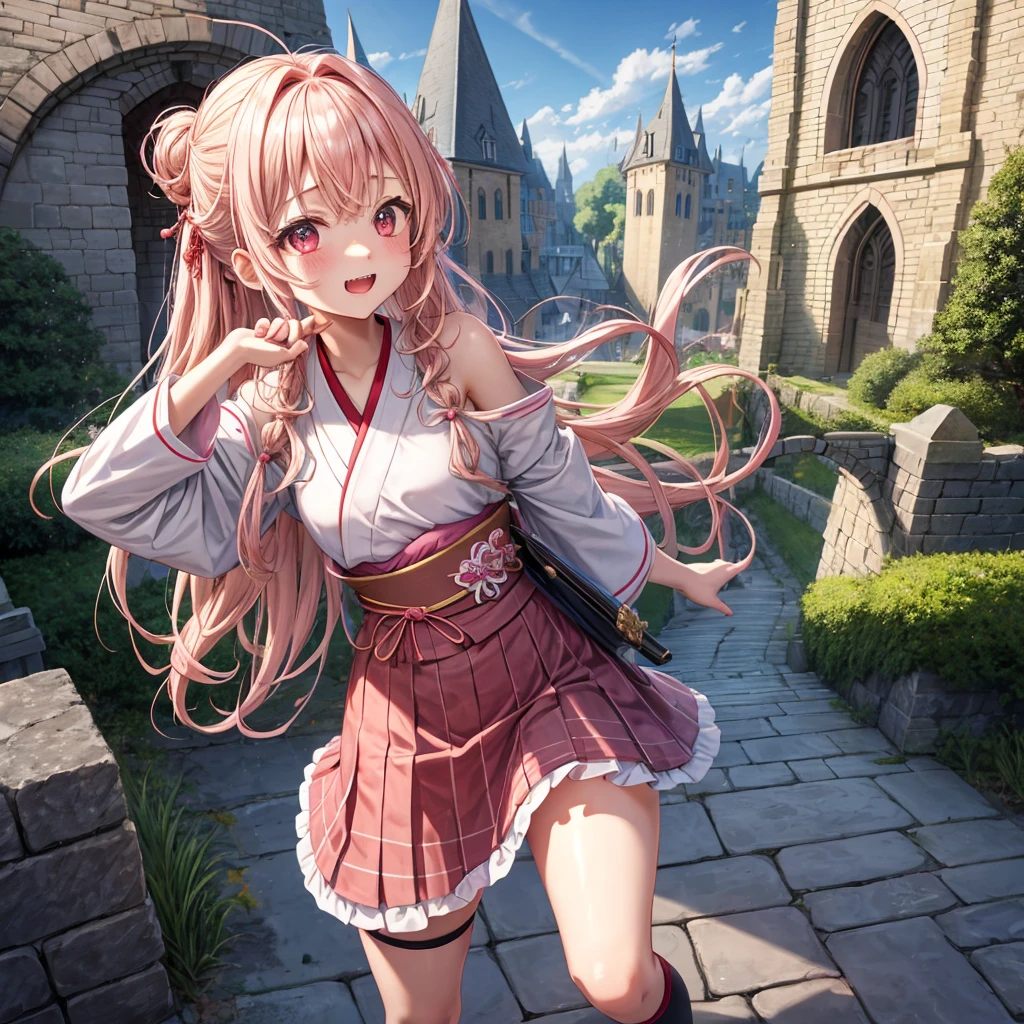 Pink Blonde、Red eyes、Wavy Hair、Hair tied up、Two cute、Checked mini skirt、kimono、Light clothing、Shoulders stick out、Black underwear、Black knee-high socks、Teeth are visible、Monster Castle、Tilting face、grass、In front of the city gates、Underground tunnels、Iron suspension bridge、The stone is cracked、Giant wood、Uneven ground、Holding a sword、Cobblestones、The light is pouring down、Stone Wall、The road is curved