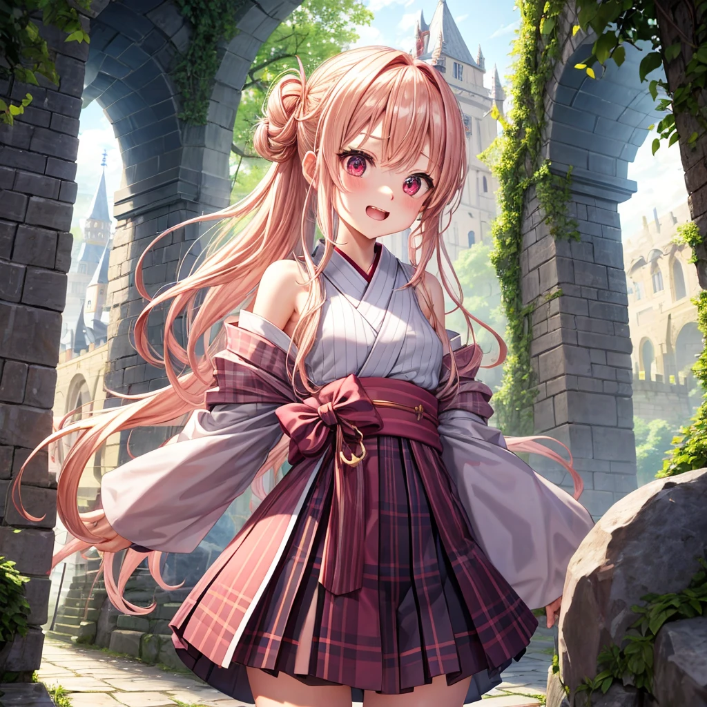 Pink Blonde、Red eyes、Wavy Hair、Hair tied up、Two cute、Checked mini skirt、kimono、Light clothing、Shoulders stick out、Black underwear、Black knee-high socks、Teeth are visible、Monster Castle、Tilting face、grass、In front of the city gates、Underground tunnels、Iron suspension bridge、The stone is cracked、Giant wood、Uneven ground、Holding a sword、Cobblestones、The light is pouring down、Stone Wall、The road is curved