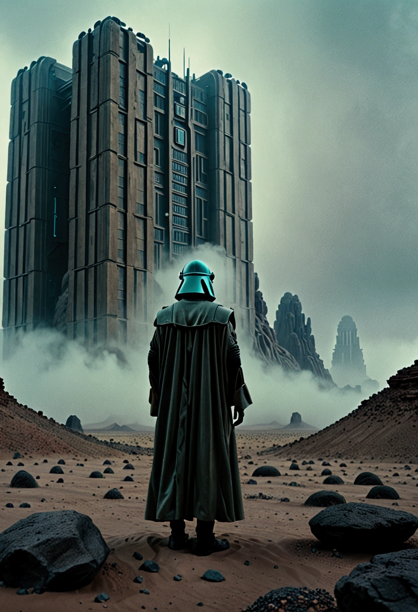 Masterpiece of hyperrealistic professional 8k raw photography, Close-up colour film 35mm 1976, (Bizarre robotic organism in robe:0.5), Rule of thirds composition, Dark dystopian desert, Giant futuristic building, Liminal fog, Rock city layout, `(Mysterious atmosphere)`
