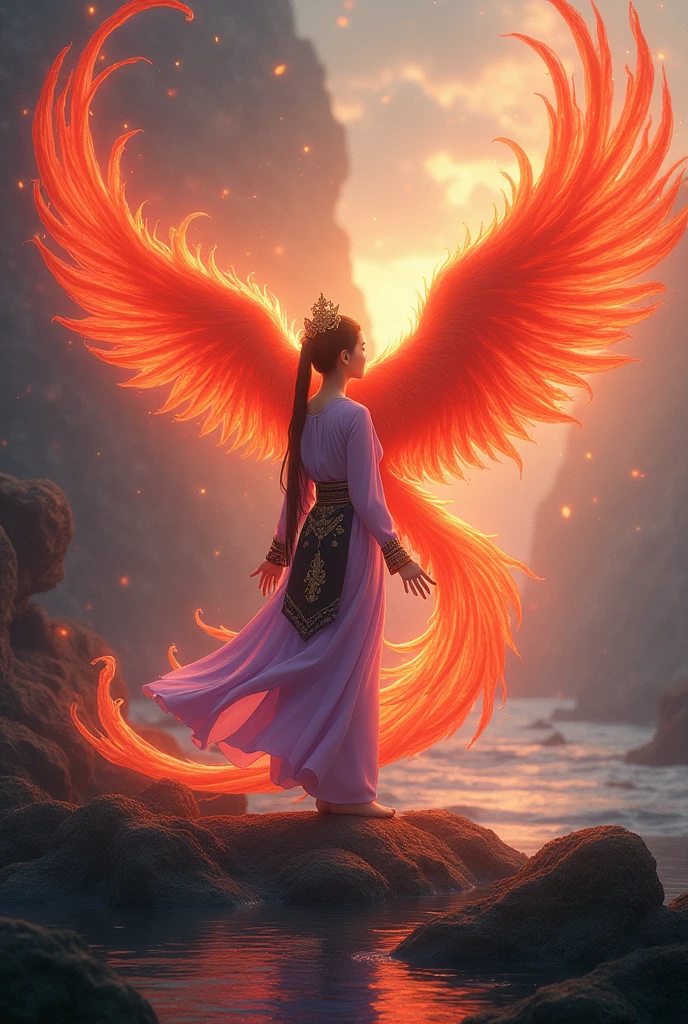 On a rocky hill by the stream in the morning, a full-body image shows a beautiful young woman wearing a light purple Thai dress, a black and gold sarong, a plain Bai Thammarat style, a white Khlong Phrakrong silk, long black hair, tied loosely, glowing with light. Majestic Phoenix reborn ashes, digital in a blaze of large red and black hologram flames. Three-dimensional image, oil painting, sharp image. Artistic image of Ajarn Chalermchai.