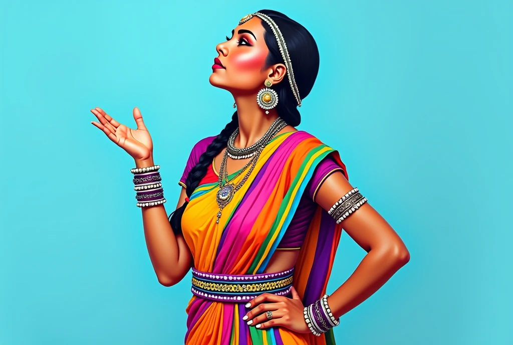 Portrait of a vibrant Indian tribal woman with medium breasts in traditional attire. Colorful painting in a poster color and acrylic colors on a white chart with bold outlines. The woman has dark hair in a braid, adorned with a beaded headband. She wears large ornate earrings, a necklace, and multiple bangles. Her clothing features bright stripes in various colors. The woman's face is tilted upward with an expressive pose, her hand raised gracefully. The background is a solid light blue color. Style: Modern pop art meets traditional Indian folk art, with vivid colors and simplified forms creating a striking, eye-catching composition,