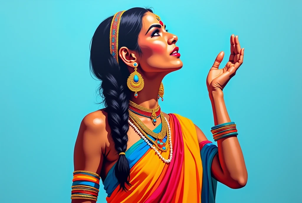 Portrait of a vibrant Indian tribal woman with medium breasts in traditional attire. Colorful painting in a poster color and acrylic colors on a white chart with bold outlines. The woman has dark hair in a braid, adorned with a beaded headband. She wears large ornate earrings, a necklace, and multiple bangles. Her clothing features bright stripes in various colors. The woman's face is tilted upward with an expressive pose, her hand raised gracefully. The background is a solid light blue color. Style: Modern pop art meets traditional Indian folk art, with vivid colors and simplified forms creating a striking, eye-catching composition,