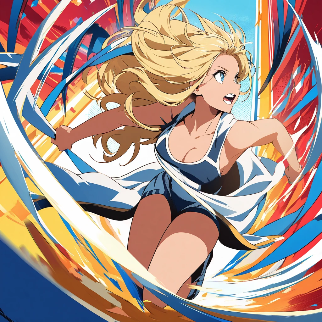 A beautiful anime-style illustration of a marathon runner girl breaking the finish line with her chest. She has a stunning profile as she runs at full speed, her long blonde hair flowing in the wind. Her sun-kissed skin radiates health and vitality. The image captures the intensity and grace of the moment as she triumphantly crosses the finish line.dignified face clenched teeth,pop art