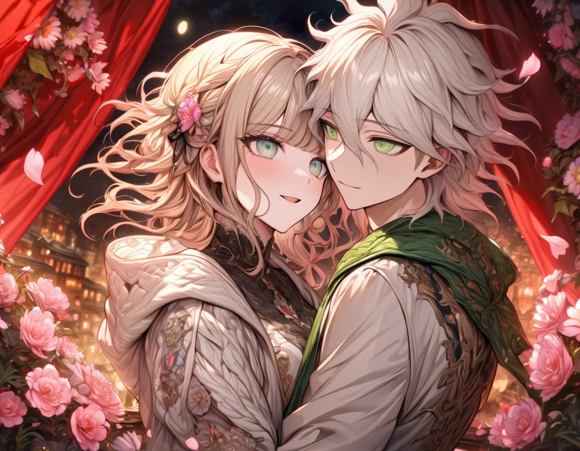 Ultra detailed, highres, absurdres, HDR, master piece, Aida, ash blonde hair with bangs, medium length hair, expressive light green eyes, Danganronpa, black ribbon at the side of her hair, white cardigan with black patterns, Komaeda Nagito, white hair, expressive gray green eyes, couple, in love, pink flowers, petals, moon, window, red curtains, woman together with a man, handsome, extremely beautiful, very detailed face and eyes, best quality, fantasy, magical, black gloves, smiling, close up