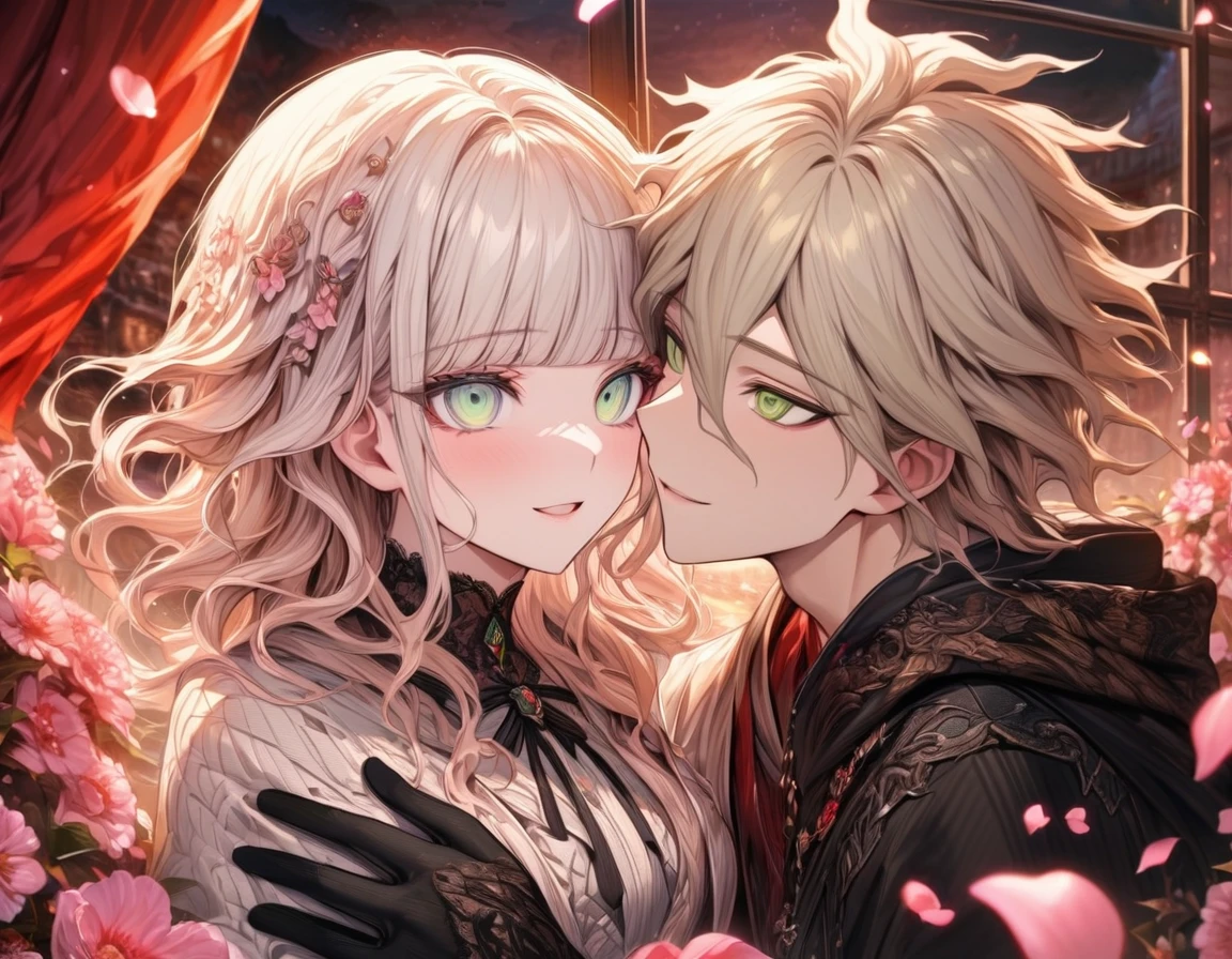 Ultra detailed, highres, absurdres, HDR, master piece, Aida, ash blonde hair with bangs, medium length hair, expressive light green eyes, Danganronpa, black ribbon at the side of her hair, white cardigan with black patterns, Komaeda Nagito, white hair, expressive gray green eyes, couple, in love, pink flowers, petals, moon, window, red curtains, woman together with a man, handsome, extremely beautiful, very detailed face and eyes, best quality, fantasy, magical, black gloves, smiling, close up
