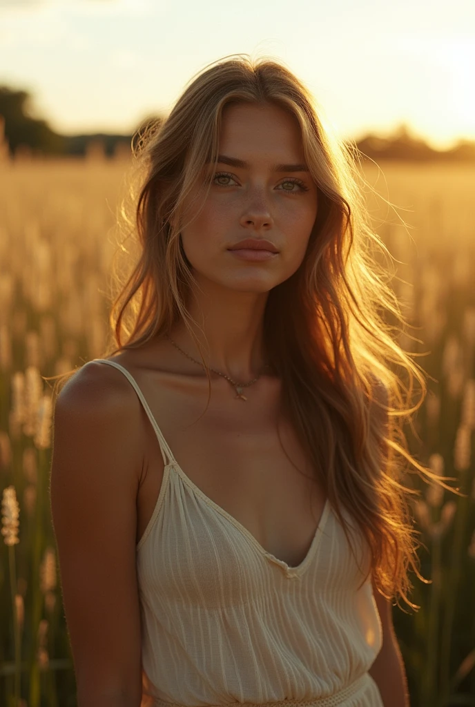 woman with long hair standing in a field, by Antoni Pitxot, beautiful young model, Beautiful model, her hair is naturally disheveled, inspired by Antoni Pitxot, David Sorrenti, beautiful young woman, by Anna Boch, sun-kissed skin, beautiful woman, Rugged Girl Portrait, stunning woman, by Matija Jama. analog photography