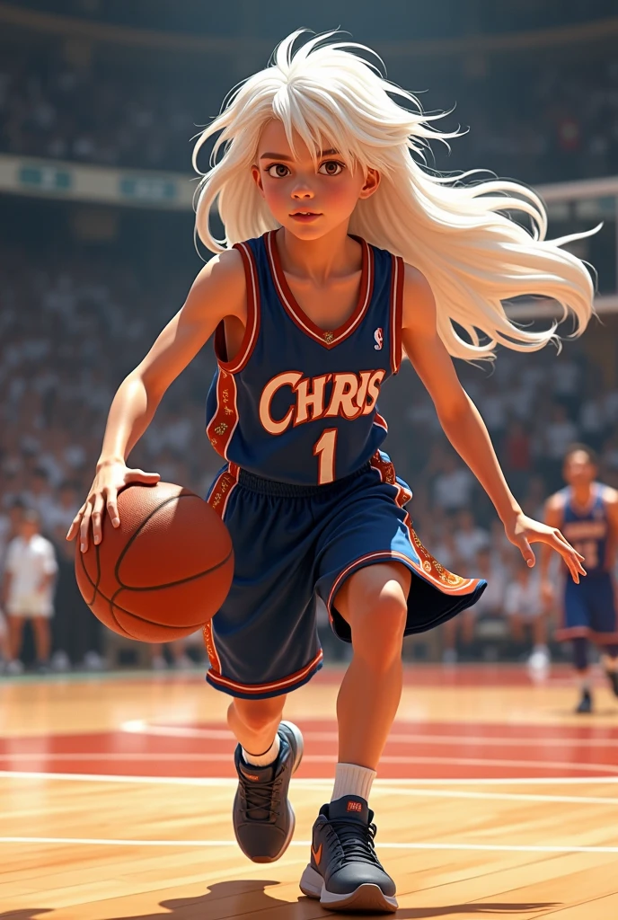 boy, 1 handsome long white hair, basketball player, detailded