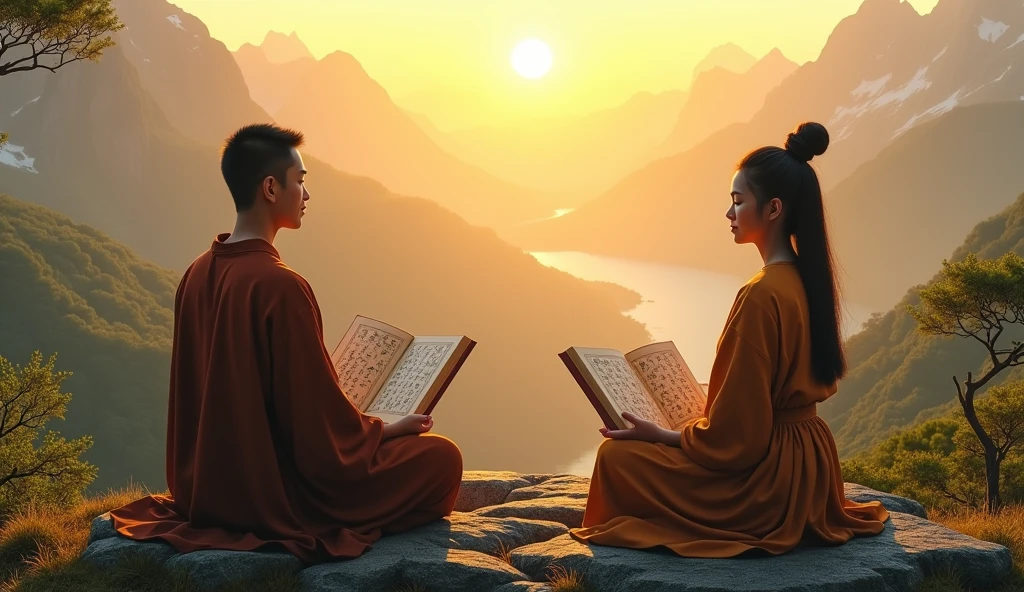 2 asian person meditating on top of a mountain, with the rising sun bathing the landscape in golden light. A book of Buddhist scriptures lies open in his hands, capturing the serenity of the moment.