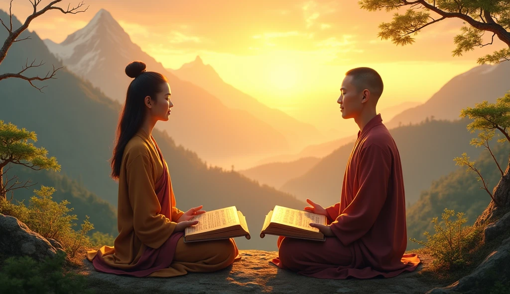 2 asian person meditating on top of a mountain, with the rising sun bathing the landscape in golden light. A book of Buddhist scriptures lies open in his hands, capturing the serenity of the moment.