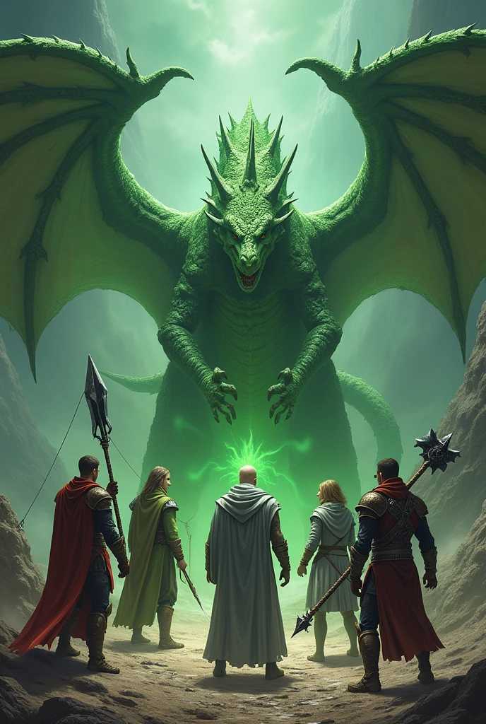 Create an image of a group of four male heroes, composed of a rogue, magician, warrior and a backpacker in a fantasy world facing a green dragon