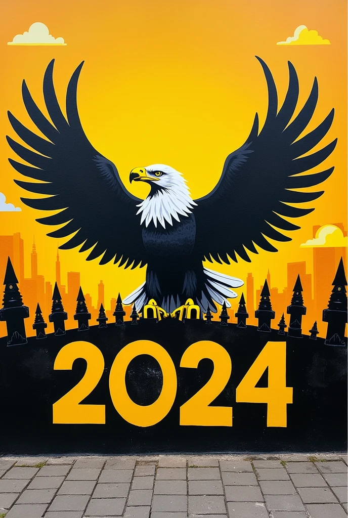 An image for mural painting, The image must contain an eagle on one side showing its chest and it must also contain the letters PROMO 2024, The image should be mostly yellow and black and add other details such as colors or figures that contrast with the image