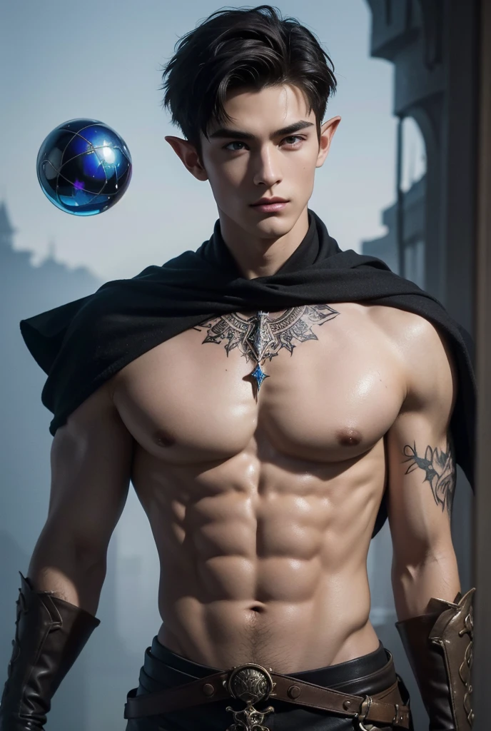 Absurdres, Masterpiece, Excellent, a sexy tall muscular young man, solo, perfect facial features, (short hairstyle:1.5), sexy gaze, beautiful, gorgeous, wet, digital painting, (wizard), slimming, elf, gray pupils, (floating crystal ball), wizard outfit, relax, detailed background, Fantasy, Magical, Mystical, Ethereal, Unique Style, Surreal, Symbolic, magical tattoos, looking at the viewers romantically,