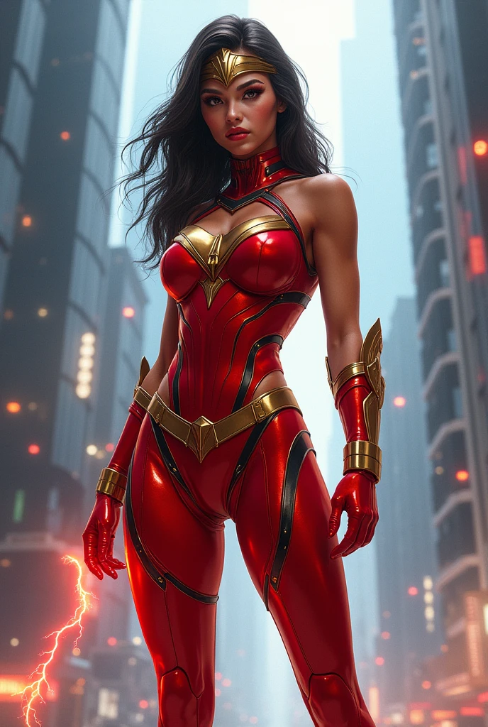 Full body photorealistic beautiful and gorgeous and very sexy young slender futuristic female hero Darna wearing a red and gold costume with belt and gloves and headband and wristbands that can summons lightning and thunderstorm,,