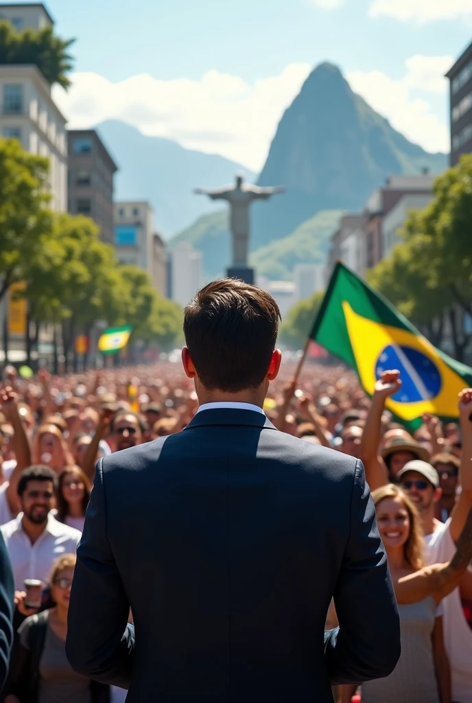 Create an image of a campaign in the middle of Rio de Janeiro of the Brazilian candidate for federal deputy Miguel Senna without a face