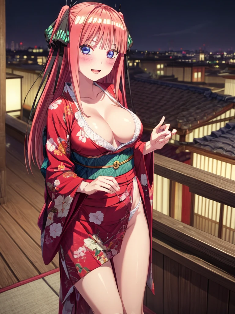 best quality, insanely detailed, nino nakano, breasts, blush, looking at viewer, cheerful eyes, arousal, kimono, highleg kimono, tight kimono, pussy, roof top background, lingerie