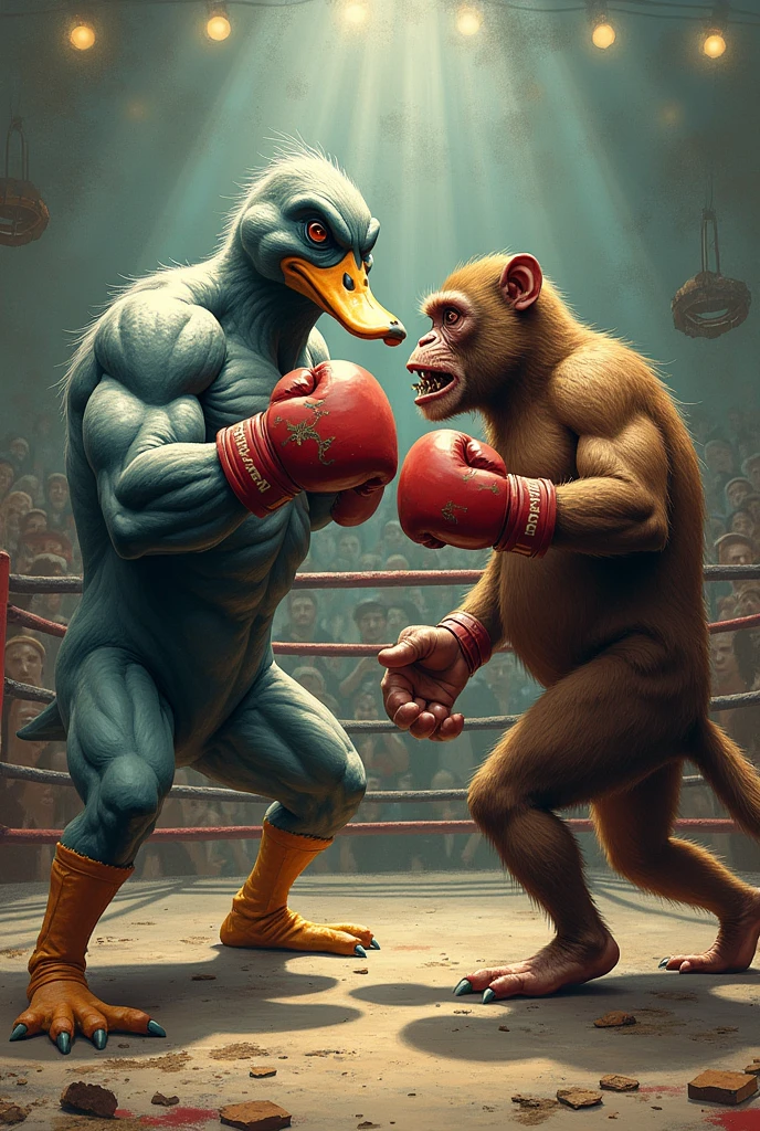 A muscular duck boxing with a monkey
