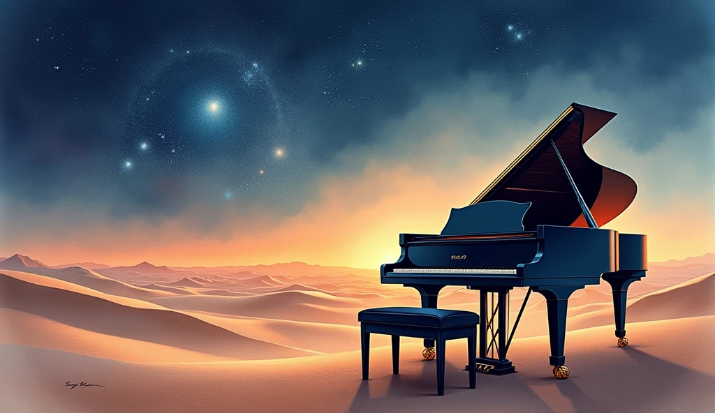This image is、It depicts a scene in the desert with a grand piano and a bench.。The piano has a classic design.、It has a distinctive black glossy surface.。The bench is also black.、Located in front of the piano。
In the background is a vast expanse of sky.、The warm orange of the sunset can be seen near the horizon。The sky is slowly々It gets dark、The stars begin to shine、Further up, you can see the formation of galaxies。This change in the sky、It represents the transition from day to night.、Highlights the beauty of nature。
This scene、It creates a fantastic atmosphere where nature and human creations blend together.。The piano being placed in an unexpected location, the desert,、Visually stunning and beautiful。Realistic watercolor style