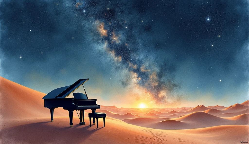 This image is、It depicts a scene in the desert with a grand piano and a bench.。The piano has a classic design.、It has a distinctive black glossy surface.。The bench is also black.、Located in front of the piano。

In the background is a vast expanse of sky.、The warm orange of the sunset can be seen near the horizon。The sky is slowly々It gets dark、The stars begin to shine、Further up, you can see the formation of galaxies。This change in the sky、It represents the transition from day to night.、Highlights the beauty of nature。

This scene、It creates a fantastic atmosphere where nature and human creations blend together.。The piano being placed in an unexpected location, the desert,、Visually stunning and beautiful。Realistic watercolor style