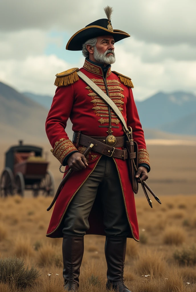 I would like to create an image of an Argentine gaucho dressed as a federal soldier from 1830