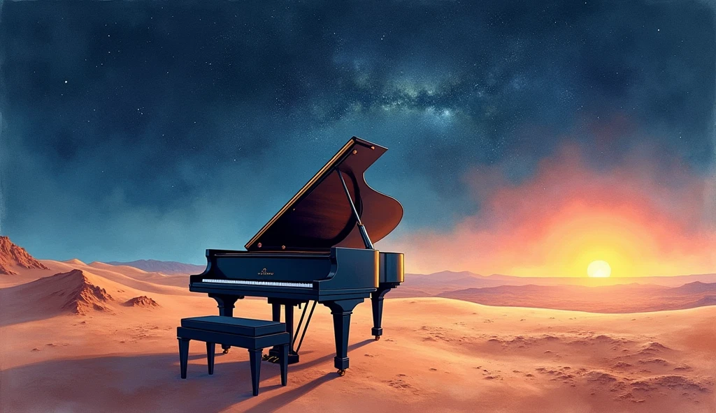This image is、It depicts a scene in the desert with a grand piano and a bench.。The piano has a classic design.、It has a distinctive black glossy surface.。The bench is also black.、Located in front of the piano。
In the background is a vast expanse of sky.、The warm orange of the sunset can be seen near the horizon。The sky is slowly々It gets dark、The stars begin to shine、Further up, you can see the formation of galaxies。This change in the sky、It represents the transition from day to night.、Highlights the beauty of nature。
This scene、It creates a fantastic atmosphere where nature and human creations blend together.。The piano being placed in an unexpected location, the desert,、Visually stunning and beautiful。Realistic watercolor style