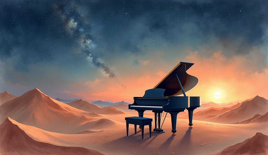 This image is、It depicts a scene in the desert with a grand piano and a bench.。The piano has a classic design.、It has a distinctive black glossy surface.。The bench is also black.、Located in front of the piano。

In the background is a vast expanse of sky.、The warm orange of the sunset can be seen near the horizon。The sky is slowly々It gets dark、The stars begin to shine、Further up, you can see the formation of galaxies。This change in the sky、It represents the transition from day to night.、Highlights the beauty of nature。

This scene、It creates a fantastic atmosphere where nature and human creations blend together.。The piano being placed in an unexpected location, the desert,、Visually stunning and beautiful。Realistic watercolor style