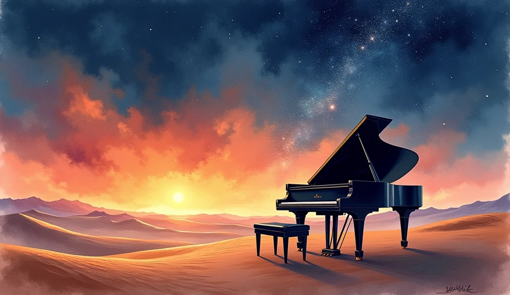 This image is、It depicts a scene in the desert with a grand piano and a bench.。The piano has a classic design.、It has a distinctive black glossy surface.。The bench is also black.、Located in front of the piano。

In the background is a vast expanse of sky.、The warm orange of the sunset can be seen near the horizon。The sky is slowly々It gets dark、The stars begin to shine、Further up, you can see the formation of galaxies。This change in the sky、It represents the transition from day to night.、Highlights the beauty of nature。

This scene、It creates a fantastic atmosphere where nature and human creations blend together.。The piano being placed in an unexpected location, the desert,、Visually stunning and beautiful。Realistic watercolor style