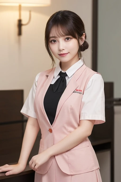 Highest quality、masterpiece、8K、Beautiful woman,、Japan Beauty in her 20s、Tight waist.Light pink vest and skirt(A uniform that a medical office worker might wear)、Short sleeve white blouse、Black lob hair、Beautiful woman