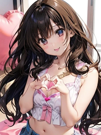 Girl, cute, adorable, smiling, from chest up, straight hair, long hair, black hair, clear weather, sunlight, from above, looking at the camera, heart hands,
make a heart(shape) with fingers, my room, daytime, bra top