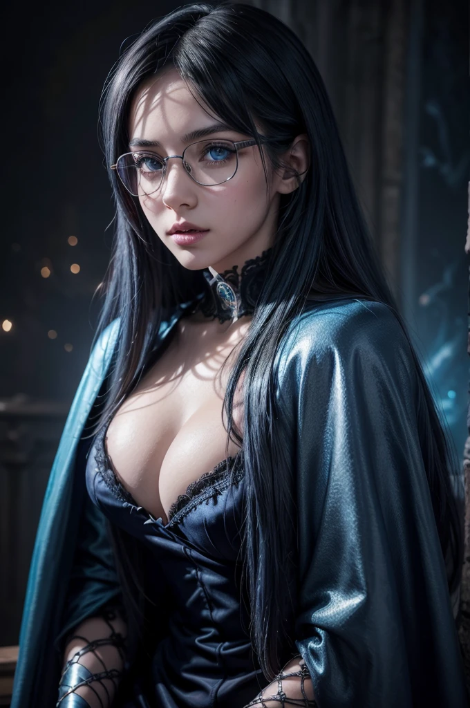a sexy hair blueed girl, beautiful detailed eyes, beautiful detailed lips, extremely detailed face and portrait, hair blue, nerd glasses, magic, wand, spell, fancy, dark mystical background, dramatic lighting, cinematic, hyper detailled, 8K, photorrealistic,corpo sexy, long magic cloak , showing off your sexy legs INFO