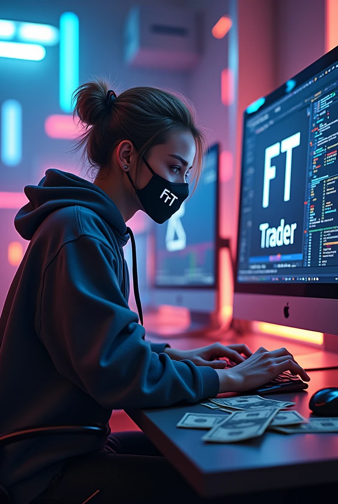 I want an image with the following characteristics,a trader with slicked back faded hair,light brown hair color,with sweatshirt outfit with mixed color details,the trader has to be looking straight ahead at the PC screen, but he has a mask with the letter FT on the mask and on the computer screen FT trader his eyes are red and blue ,this PC has to have lots of blue and pink and red orange lights,On the PC screen there must be a clearly visible name FT trader on the side of the table there are many dollar bills 