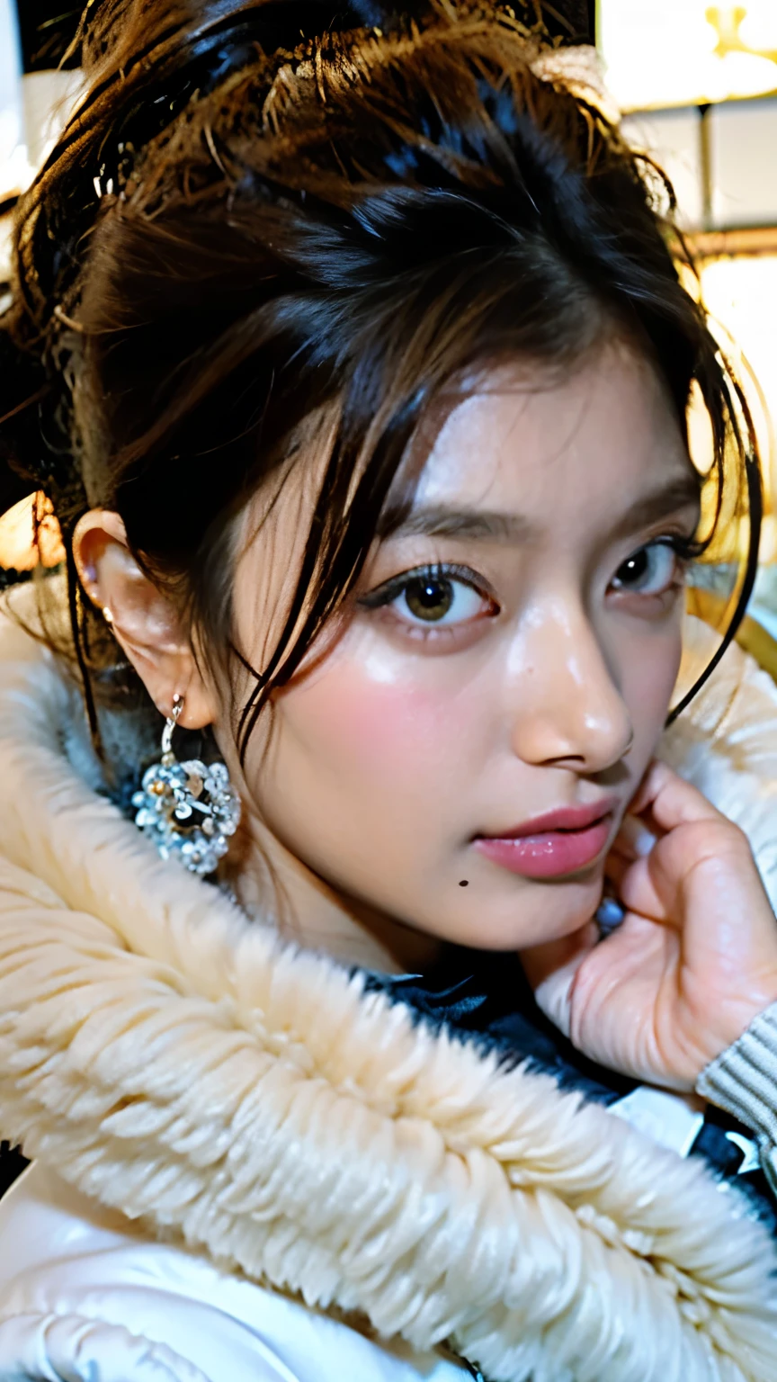 Big Breasts,Big Tits,((Highest quality)), ((masterpiece)), (detailed), Perfect Face, Beautiful Japanese Women, A tight-fitting navy blue Moncler puffer jacket made of silk material, Fascinating, Excited, Open your mouth, Ahegao, Curvaceous figure, ((tight puffer coat)), Fur food,Red Silk Bra, Large Breasts, (Open Court), Cleavage, Thick blast strap, photograph, Glossy coat, satin, Soft to the touch