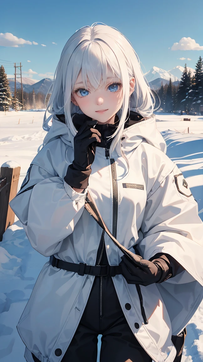 The Human Body of Winter, Winter Girl has dyed her hair white., (Brown zip jacket), (glove), (Baggy pants), blue eyes, snow day, Snow particles, cloud, happy expression, She was stroking the head of a fluffy white dog in the snow. ,perfect hand, Beautiful hands
