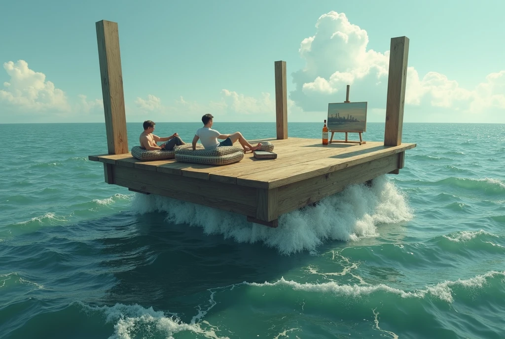 Make the image of a huge inverted table, with legs up, floating in the sea. The boards are in contact with the waves and the legs are pointing towards the sky.. This is what a raft looks like with the table legs upright at the corners.. There are two men lying on bundles in that boat.. There is a bottle of whiskey and a painting easel