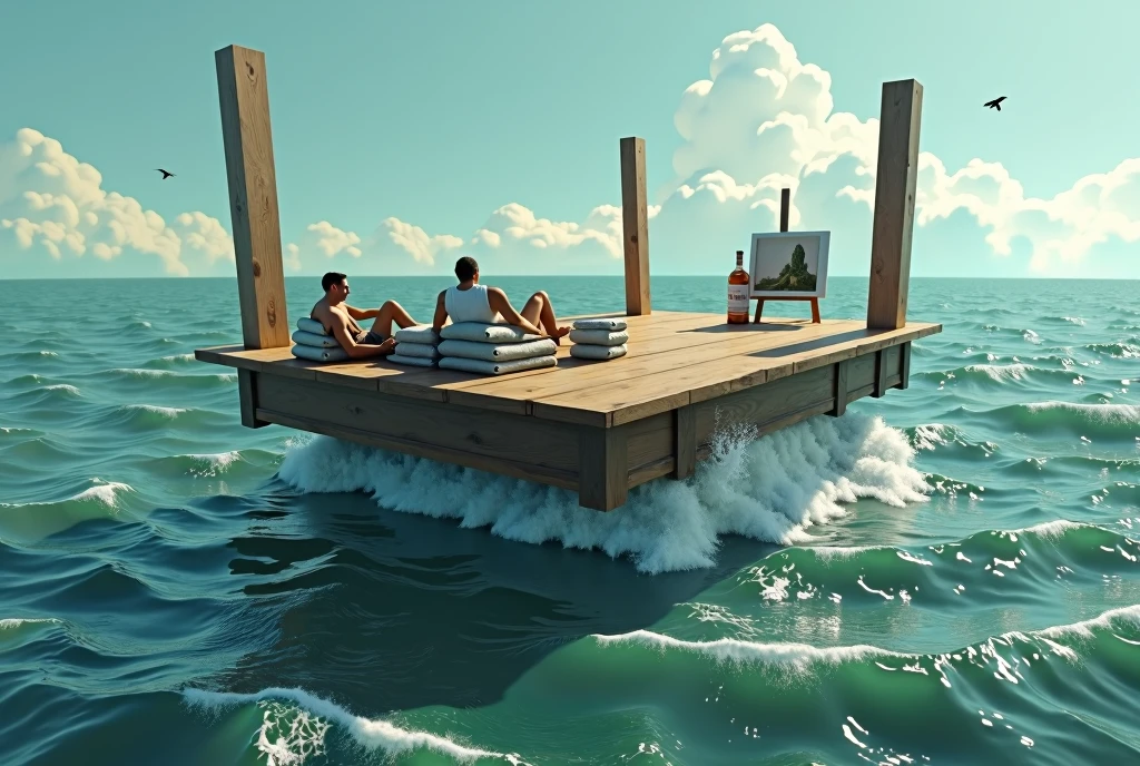 Make the image of a huge inverted table, with legs up, floating in the sea. The boards are in contact with the waves and the legs are pointing towards the sky.. This is what a raft looks like with the table legs upright at the corners.. There are two men lying on bundles in that boat.. There is a bottle of whiskey and a painting easel