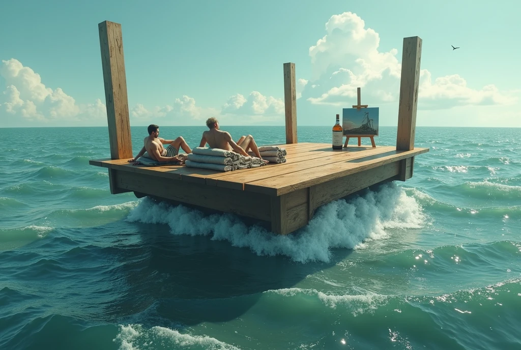Make the image of a huge inverted table, with legs up, floating in the sea. The boards are in contact with the waves and the legs are pointing towards the sky.. This is what a raft looks like with the table legs upright at the corners.. There are two men lying on bundles in that boat.. There is a bottle of whiskey and a painting easel