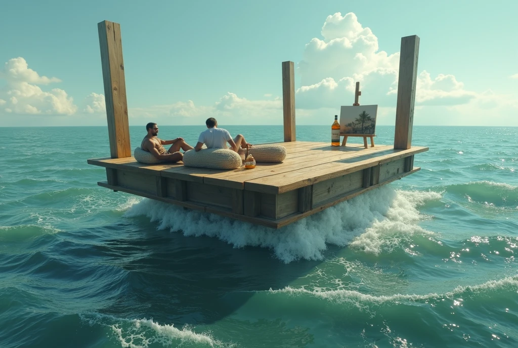 Make the image of a huge inverted table, with legs up, floating in the sea. The boards are in contact with the waves and the legs are pointing towards the sky.. This is what a raft looks like with the table legs upright at the corners.. There are two men lying on bundles in that boat.. There is a bottle of whiskey and a painting easel
