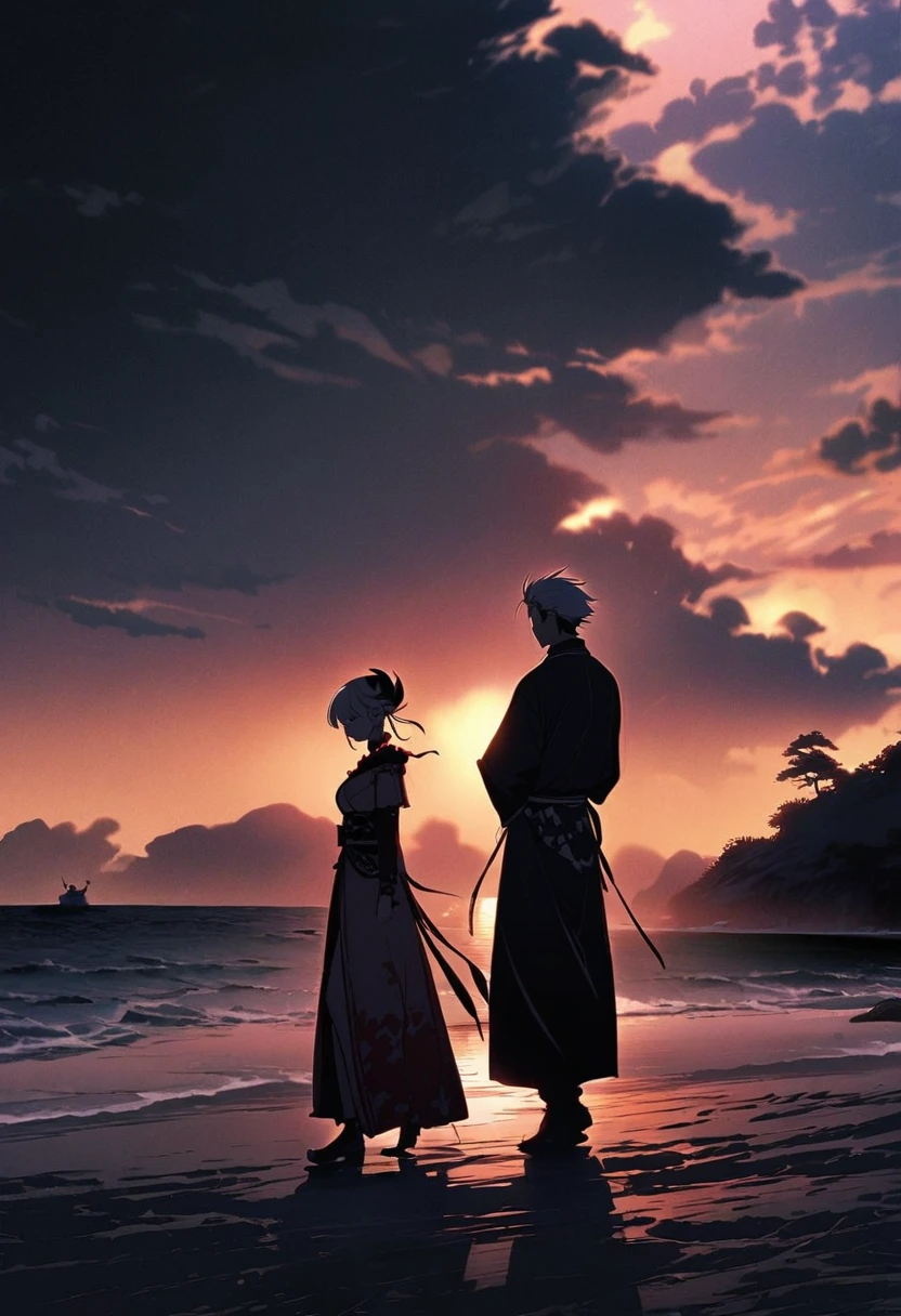 Small island beach、In the dim light of evening、Miyamoto Musashi appears walking slowly。The moment I saw him、The rival&#39;s expression stiffens with panic and surprise.。In the background is the ocean with calm waves lapping gently.、The setting sun spreads out in the distance、The film depicts a dramatic confrontation scene amid tension.