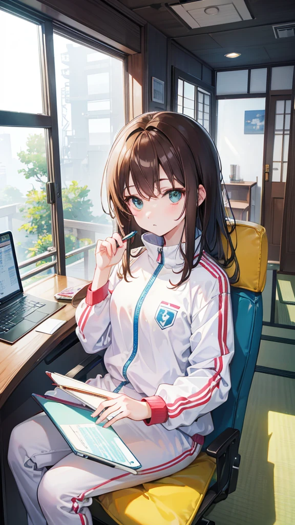 digit, Japanese animation style, super high quality, White, Green, light blue, Refreshing early summer season, night,new moon, Tokyo, Japanese, brown hair,、Tracksuit, machine、Cute, beautiful girl, Silhouette close-up, my room, 壁際のmachine, Sit in a chair and study, Hold the pen in your right hand, look at laptops, The balcony floor-to-ceiling windows are open, a cup of coffee