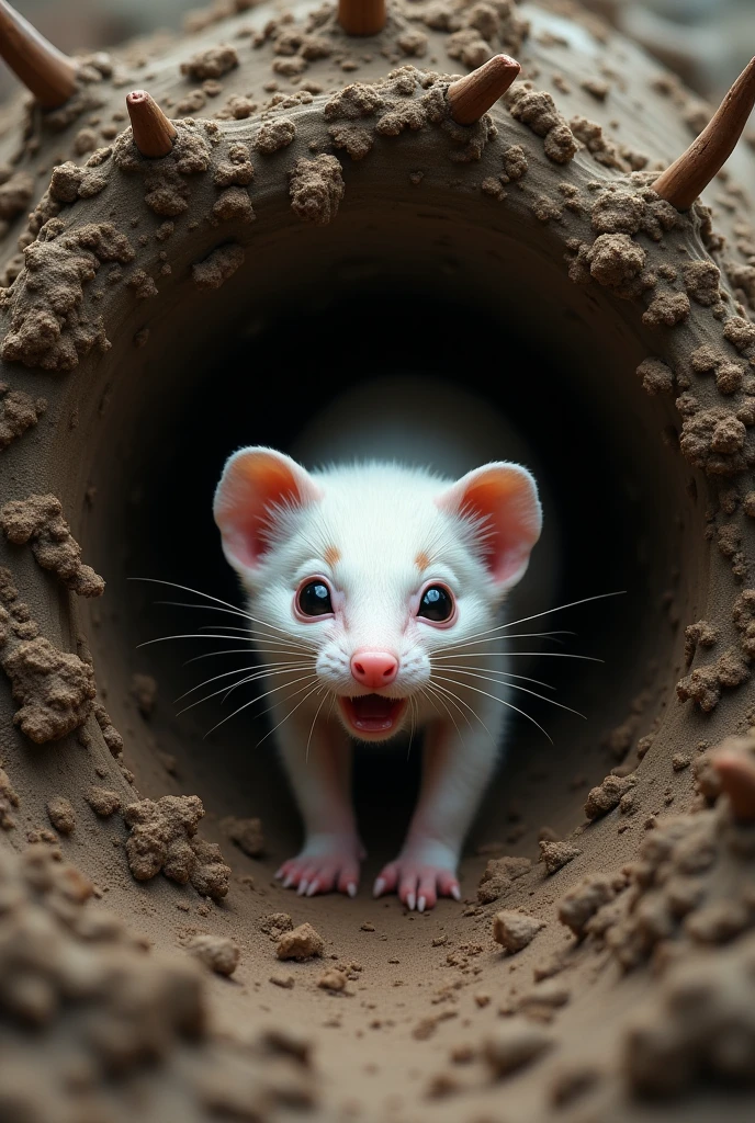 Scared little white stoat looking out of its mud covered burrow, branches and mud attacked by pitbull dogs that want to bite him. HORIZONTAL IMAGE