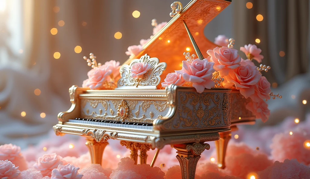 (absurdres, highres, ultra detailed), an ornate Piano created by god himself, heavenly, roses, pearls, gold, diamonds, Ultra photo realism, super-fine, 8K,Premium wallpapers,Highest image quality,3D,C4D,Master masterpieces,octane rendering
