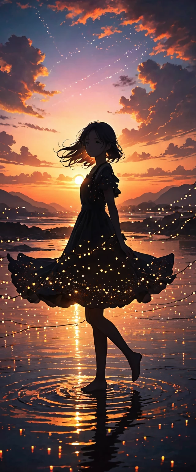 The image depicts a young silhouette standing against a stunning sunset backdrop. The sky transforms from deep black near the horizon to a deep black as it rises. The figure appears to be surrounded by a series of tiny glowing fairy lights, some of which are lit, creating a striking and captivating contrast to the dark silhouette. The figure appears to be extending one arm, perhaps adapting to or interacting with the lights. The overall mood of the image is peaceful and magical.