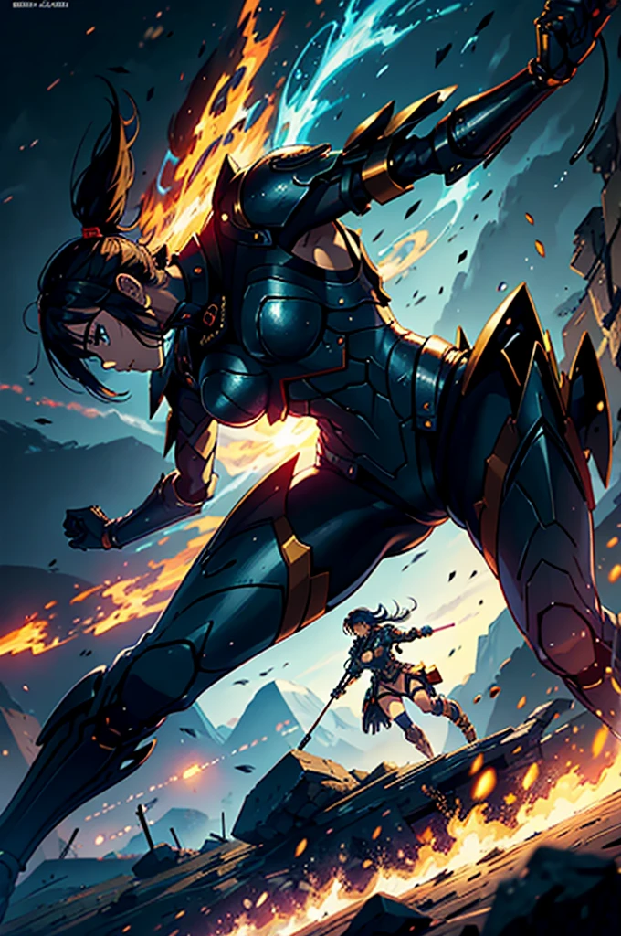 a battle between two girls in the olympus of the work "shuumatsu no Valkyrie", one with mechanical arms (only arms) and the other with a laminated flamethrower, for a book cover, highly detailed, intricate, epic, dramatic, intense action, cinematic lighting, grandiose, dramatic, exquisite, masterpiece, 8k, best quality, photorealistic, hyper detailed, vivid colors, dynamic pose, dramatic lighting, cinematic composition, digital painting